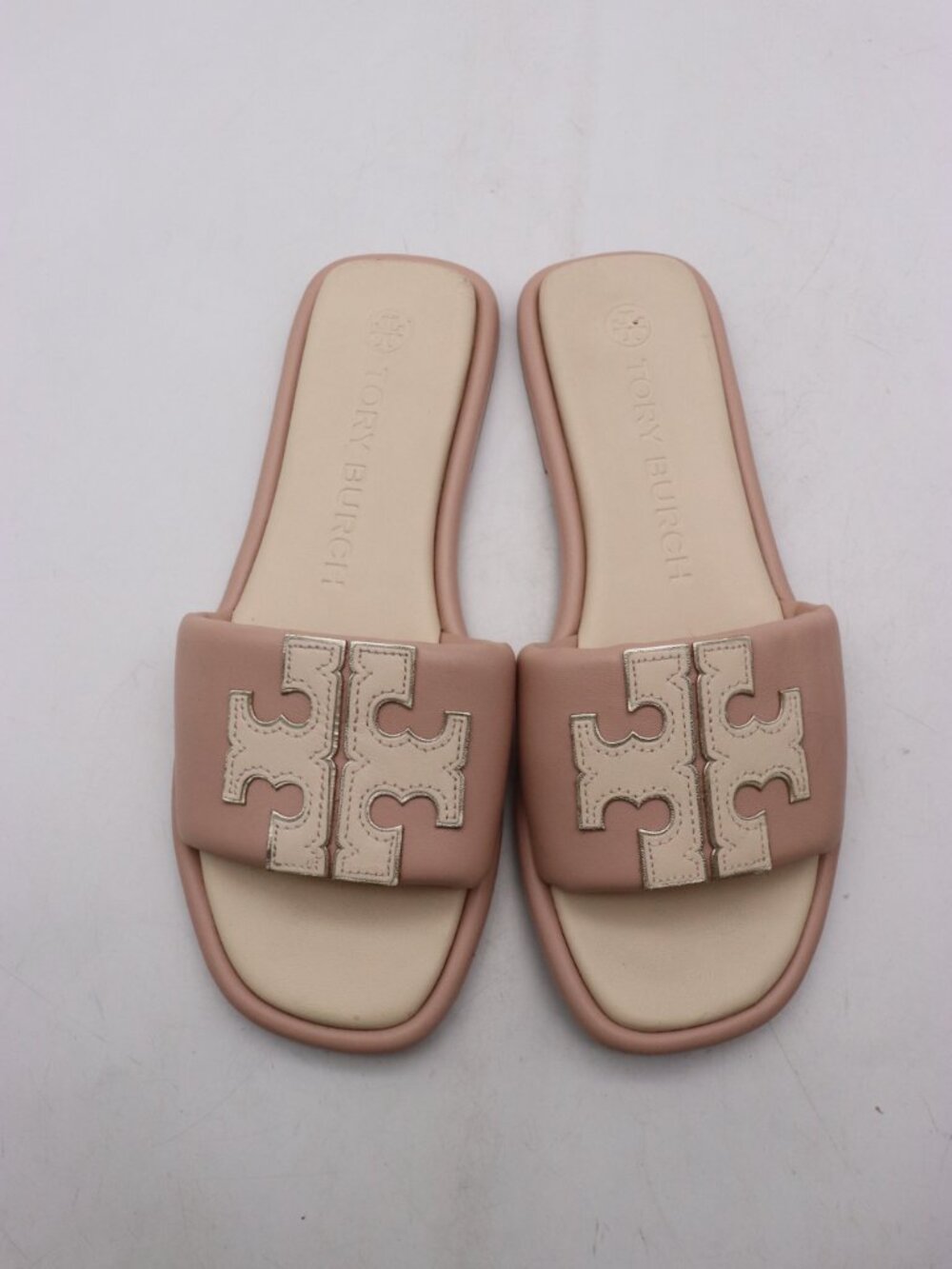 Tory Burch Double T Women's Size 7.5 M Pink Ivory Slide Sandals Leather Slip-On